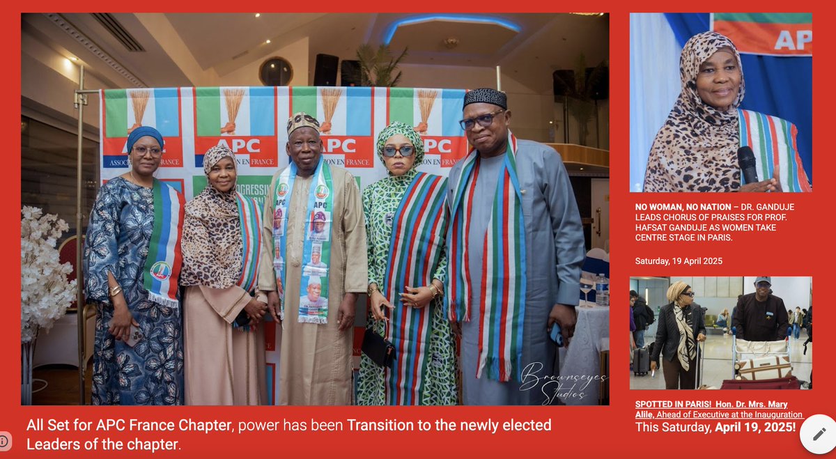 APC France Chapter Celebrated the transition of power, with His Excellency <a href="/GovUmarGandujee/">Dr Abdullahi Umar Ganduje</a> , <a href="/abikedabiri/">abikedabiri</a> &amp; Her Ecxellency Prof. Hafsat Ganduje.

Power has been transitioned to the newly elected Leaders of the chapter.

Friday, 14 April 2025. #apcfrance #politics #nigeria