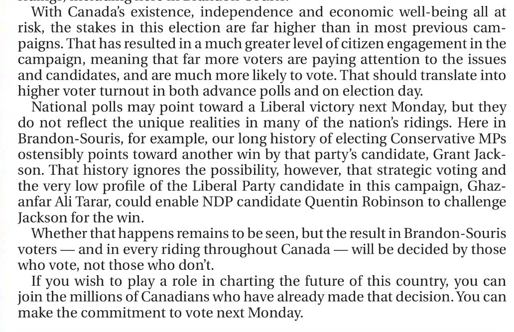 Today’s <a href="/thebrandonsun/">The Brandon Sun 🇨🇦</a> editorial.  Tomorrow there is an All Candidates debate at <a href="/BrandonUni/">Brandon University</a> from 7 to 9 p.m. 

Quentin will be in attendance and it’s reported that the Liberal candidate will not be. Quentin is articulate, smart, caring and in it for the right reasons.