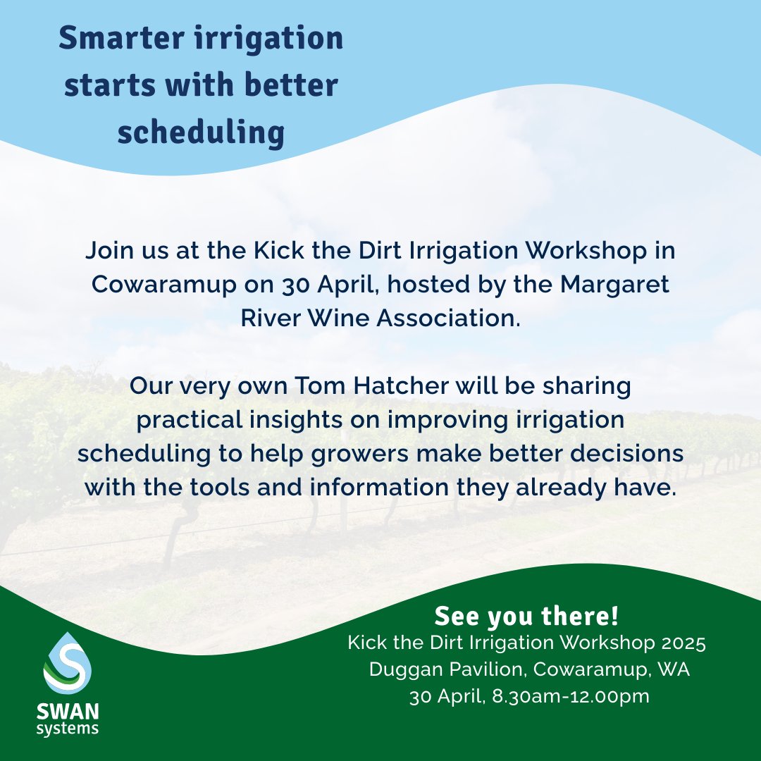 🌱 Smarter irrigation starts with better scheduling.  

Join us in Cowaramup on 30 April as Tom Hatcher shares practical tips on smarter irrigation scheduling at the Kick the Dirt Irrigation Workshop. 

Book here: bit.ly/4jklG6j
#Irrigation #Viticulture #SmartIrrigation