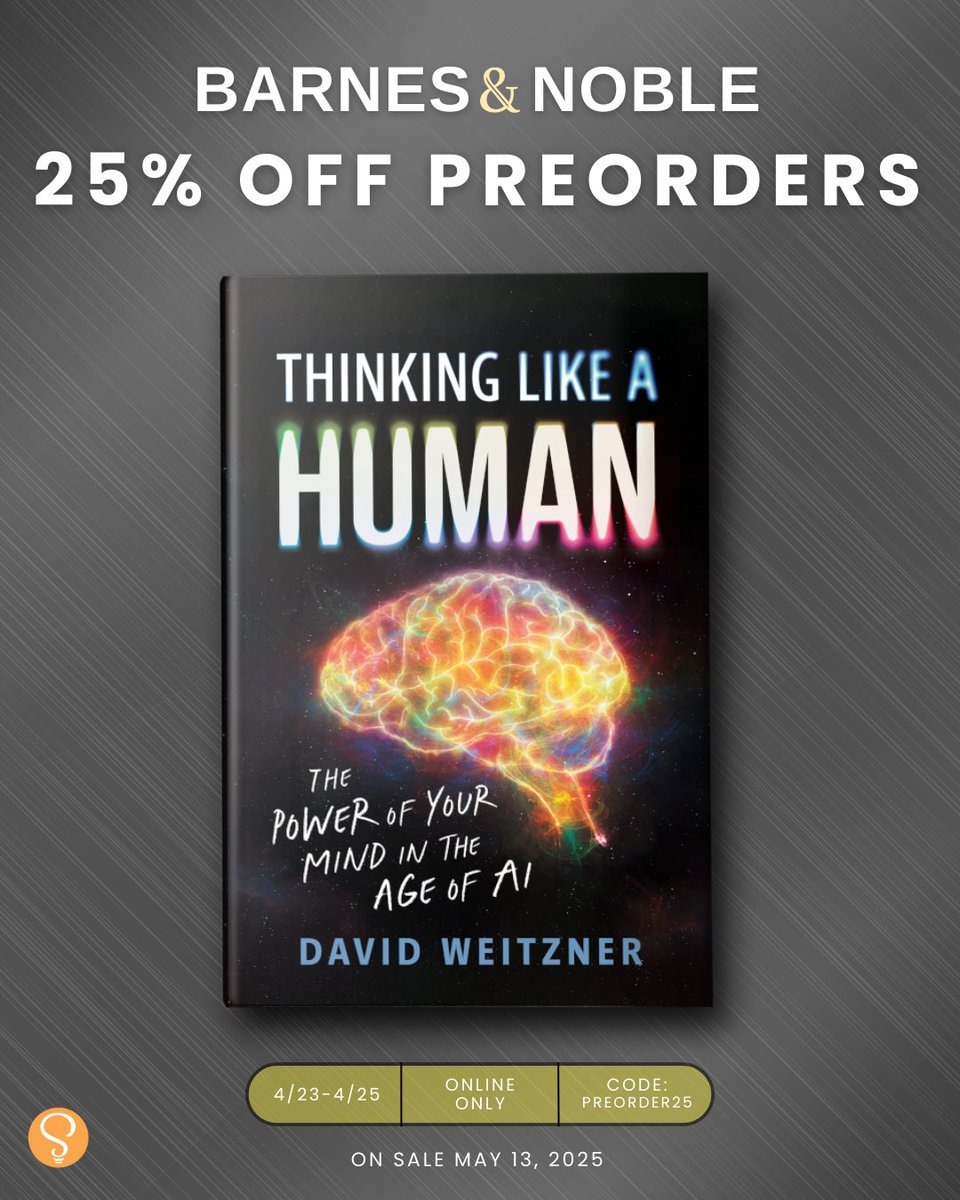 WeitznerDavid's tweet image. Friends! Limited time discount on pre-orders of my new book at @BNBuzz in the US & @chaptersindigo in Canada. It’s a bright & timely work celebrating the value of the human mind, presenting an artful approach to intelligence as an antidote & reality check to AI mania & fear...