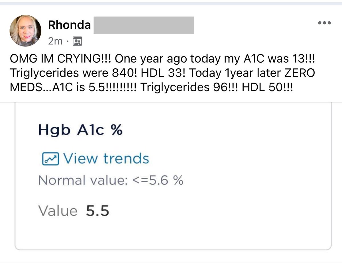 Love getting messages like this!

“OMG IM CRYING!!! One year ago today my A1C Was 13!!! Triglycerides were 840! HDL 33! Today 1year later ZERO
MEDS..A1C is 5.5!!!!!!!!! Triglycerides 96!!! HDL 50!!!”

#testimonytuesday #lifechanging #a1c