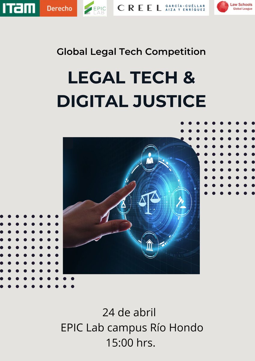 Derecho ITAM (@derecho_itam) on Twitter photo #EventosDerechoITAM
📣Este jueves se llevará a cabo en el <a href="/ITAM_mx/">ITAM</a> la Global Legal Tech Competition "Legal Tech & Digital Justice".
Agradecemos al despacho <a href="/creelmx/">Creel, García-Cuéllar, Aiza y Enríquez, S.C.</a> por patrocinar el evento, el apoyo del <a href="/EpicLabITAM/">EPIC Lab ITAM</a>, así como de <a href="/IEuniversity/">IE University</a> por elegirnos como la sede. #EventosDerechoITAM
📣Este jueves se llevará a cabo en el <a href="/ITAM_mx/">ITAM</a> la Global Legal Tech Competition "Legal Tech & Digital Justice".
Agradecemos al despacho <a href="/creelmx/">Creel, García-Cuéllar, Aiza y Enríquez, S.C.</a> por patrocinar el evento, el apoyo del <a href="/EpicLabITAM/">EPIC Lab ITAM</a>, así como de <a href="/IEuniversity/">IE University</a> por elegirnos como la sede.