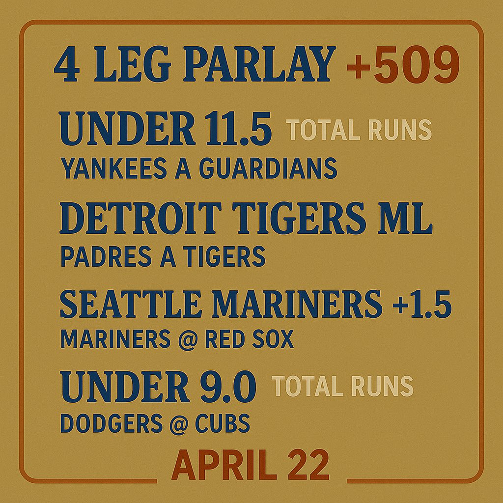soulfoodbets's tweet photo. Parlay Flyer

Riding a 4-leg parlay tonight in the MLB. Running this as a 0.5 unit play.

Happy Hunting

#SoulFoodBets https://t.co/mBRV0TzCIv