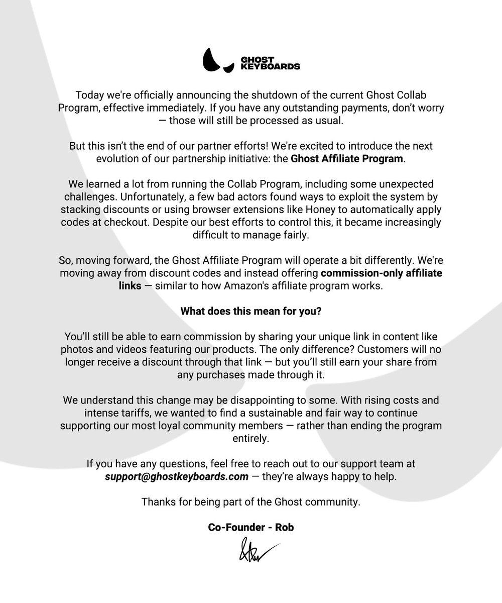 Big Update 🚨
We're officially sunsetting the Ghost Collab Program — but don’t worry, something better is here.
Introducing the Ghost Affiliate Program. 

Same chance to earn commissions.
No more discount codes.
More control. More fair. More sustainable.

Click