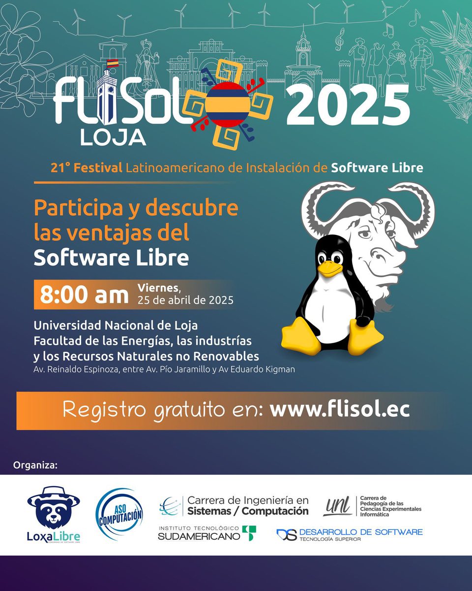 🚀 ¡La UNL será sede del FLISoL 2025!

Te esperamos este 25 de abril, de 08h00 a 18h00, en el Aula Magna de la Facultad de Energía.

Charlas, talleres y más sobre software libre y cultura libre.

Evento gratuito y abierto a todo público.

#FLISoL2025