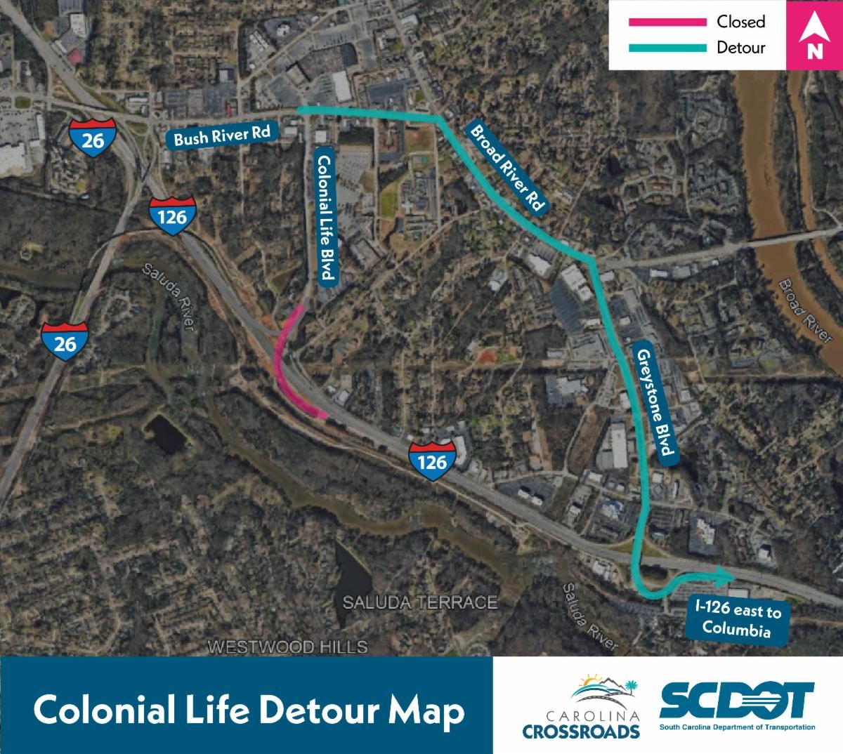 scdotCrossroads's tweet image. SCDOT will have nighttime closures of the Colonial Life Blvd on-ramp to I-126 EB between Apr. 22 and Apr. 25, weather permitting.
The detour route will use Greystone Blvd.
Read the full release: bit.ly/44AOyTh