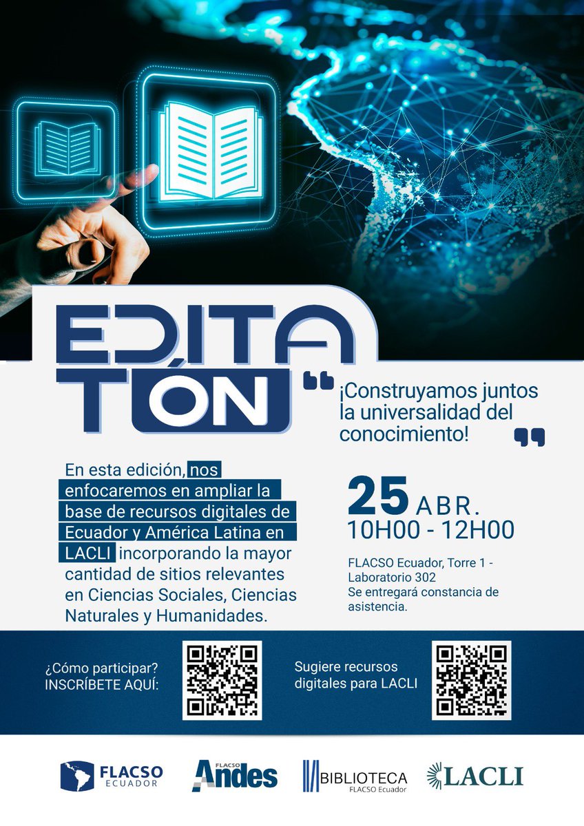 Biblioteca FLACSO Ecuador (@biblioflacsoec) on Twitter photo FLACSO Ecuador y LACLI te invitan a ser parte del Editatón 2025
🗓️ Fecha: viernes 25 de abril de 2025
📍 Lugar: FLACSO Ecuador, Torre 1 - Laboratorio 302
⏰ Hora: 10h00 a 12h00
Te esperamos para aportar, aprender y construir conocimiento en comunidad.
<a href="/FLACSOec/">FLACSO Ecuador</a> <a href="/FlacsoAndes/">FLACSOAndes</a> FLACSO Ecuador y LACLI te invitan a ser parte del Editatón 2025
🗓️ Fecha: viernes 25 de abril de 2025
📍 Lugar: FLACSO Ecuador, Torre 1 - Laboratorio 302
⏰ Hora: 10h00 a 12h00
Te esperamos para aportar, aprender y construir conocimiento en comunidad.
<a href="/FLACSOec/">FLACSO Ecuador</a> <a href="/FlacsoAndes/">FLACSOAndes</a>