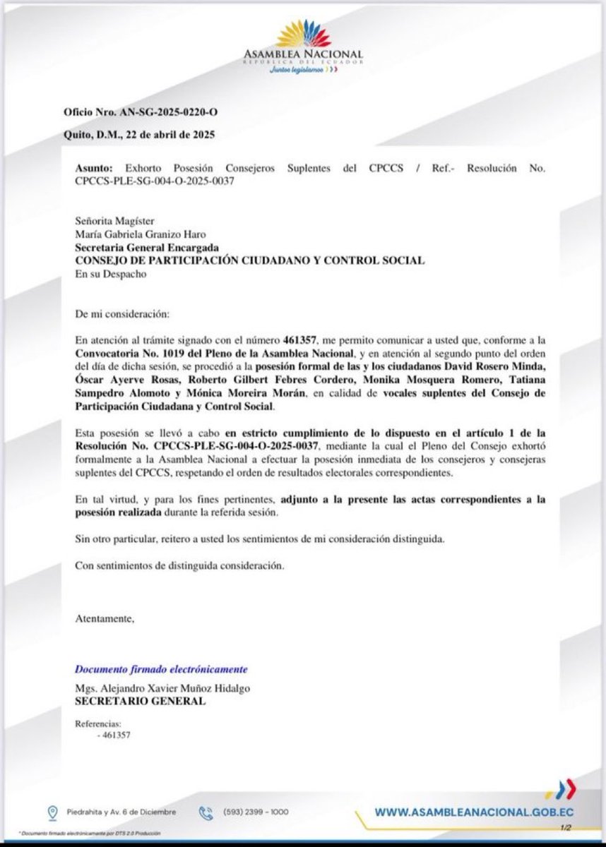 ecuainm_oficial's tweet photo. ‼️#URGENTE
@AsambleaEcuador  envió las actas de posesión de los nuevos consejeros suplentes del @CpccsEc. David Rosero se principalizará mientras que, entre los nuevos consejeros, constan Óscar Ayerve, Mónica Moreira, Tatiana Sampedro, Roberto Febres Cordero y Mónika Mosquera. https://t.co/TSnusAv9HB