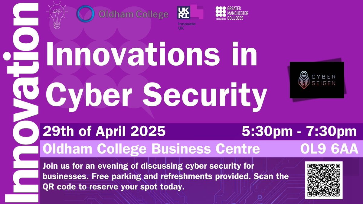 Exclusive Business Networking Event for #LoveOldham Businesses on 29 April at 5.30pm @ #InnovationHubOldham on #InnovationsInCyberSecurity 👏👏👏FREE parking &amp; cheese onion😉to book please click on link 👇 eventbrite.com/e/innovations-… #OldhamHour <a href="/OldhamCollege/">Oldham College</a> <a href="/GmColleges/">GMColleges</a>