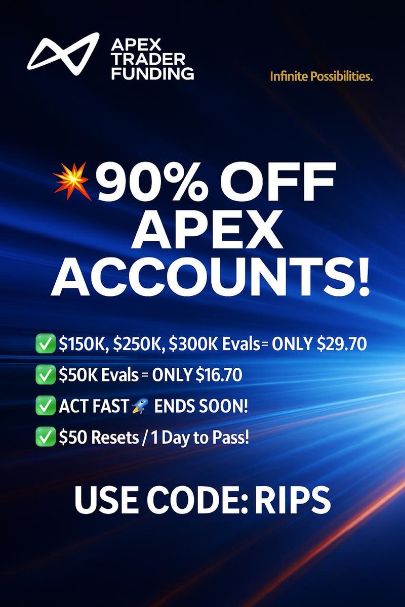 ⚠️ EXCLUSIVE 90% FLASH SALE! ⚠️
✅ USE CODE: RIPS 👈

💥 90% OFF ALL Apex Accounts!

✅ $150K, $250K, $300K Evals = ONLY $29.70 
✅ $50K Evals = ONLY $16.70 
✅ ACT FAST 🚀 ENDS 4/24/25 11:59PM!
✅ Lifetime PA Fee: $130
✅ $50 Resets / 1 Day to Pass!
✅ CLICK HERE 👉
