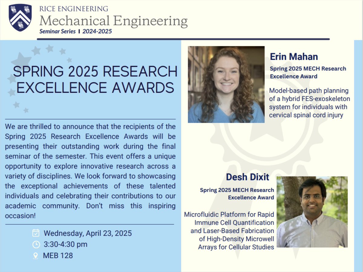 Join us for the final MECH Seminar of the semester featuring our Spring 2025 Research Excellence Award winners: events.rice.edu/event/400995-m…
