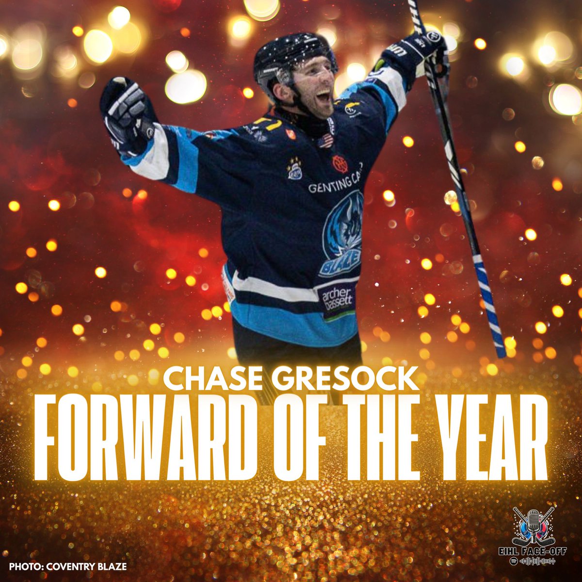 EIHLFaceOff's tweet image. FORWARD OF THE YEAR!

CHASE GRESOCK of @covblazehockey 

Stats across all @officialEIHL competitions:
66 Games Played
78 Points
39 Goals
39 Assists
15 Blocked Shots
=/- +12