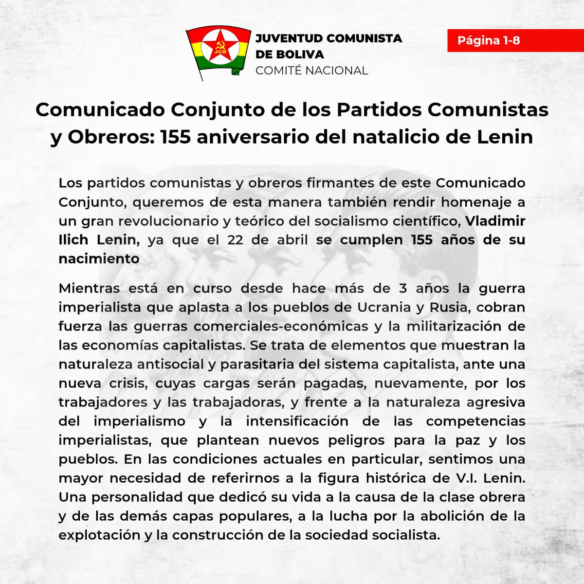 jcbbolivia's tweet photo. Comunicado conjunto de Partidos Comunistas y Obreros, que suscribimos, por el 155 aniversario del nacimiento de #Lenin #Lenin155 
Nuestro homenaje, la reconstrucción del Partido leninista en #Bolivia https://t.co/LRcs2RqeRv