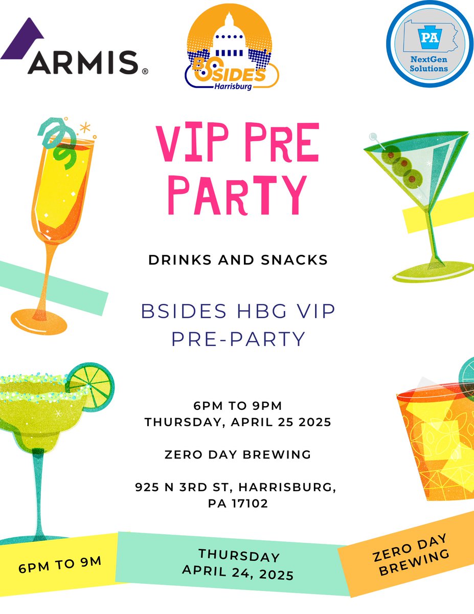 Come join the BSides Harrisburg VIPs for a pre party! Graciously sponsored by <a href="/ArmisSecurity/">Armis</a> and PA NextGen Solutions