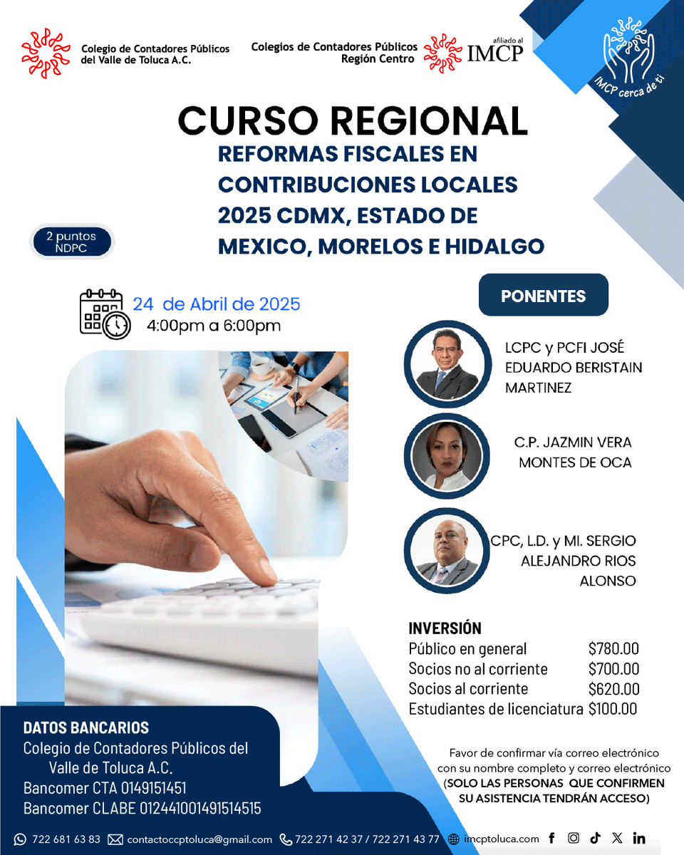 🔴 Curso Regional | Reformas Fiscales en Contribuciones Locales 2025 🏛️💼

🗓️ 24 de abril de 2025
⏰ 16:00 a 18:00 hrs
🌐 Online vía Zoom

👉Aparta tu lugar al WhatsApp 722 681 6383 o al correo contactoccptoluca@gmail.com