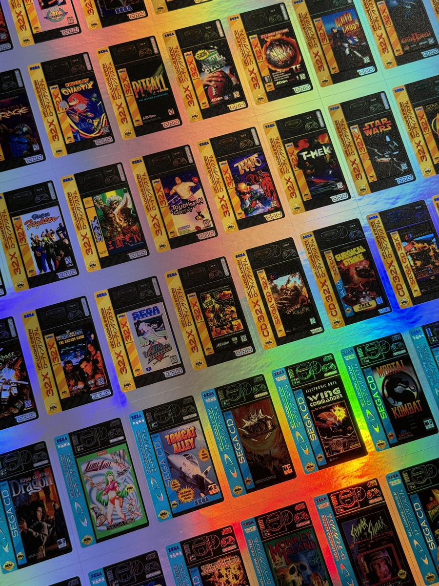 ArielAces's tweet image. These colors are just too pretty! #Holo3DFX #TapTo/#Zaparoo full decal set now available for #Sega32X, #SegaCD, and #SegaCD32X