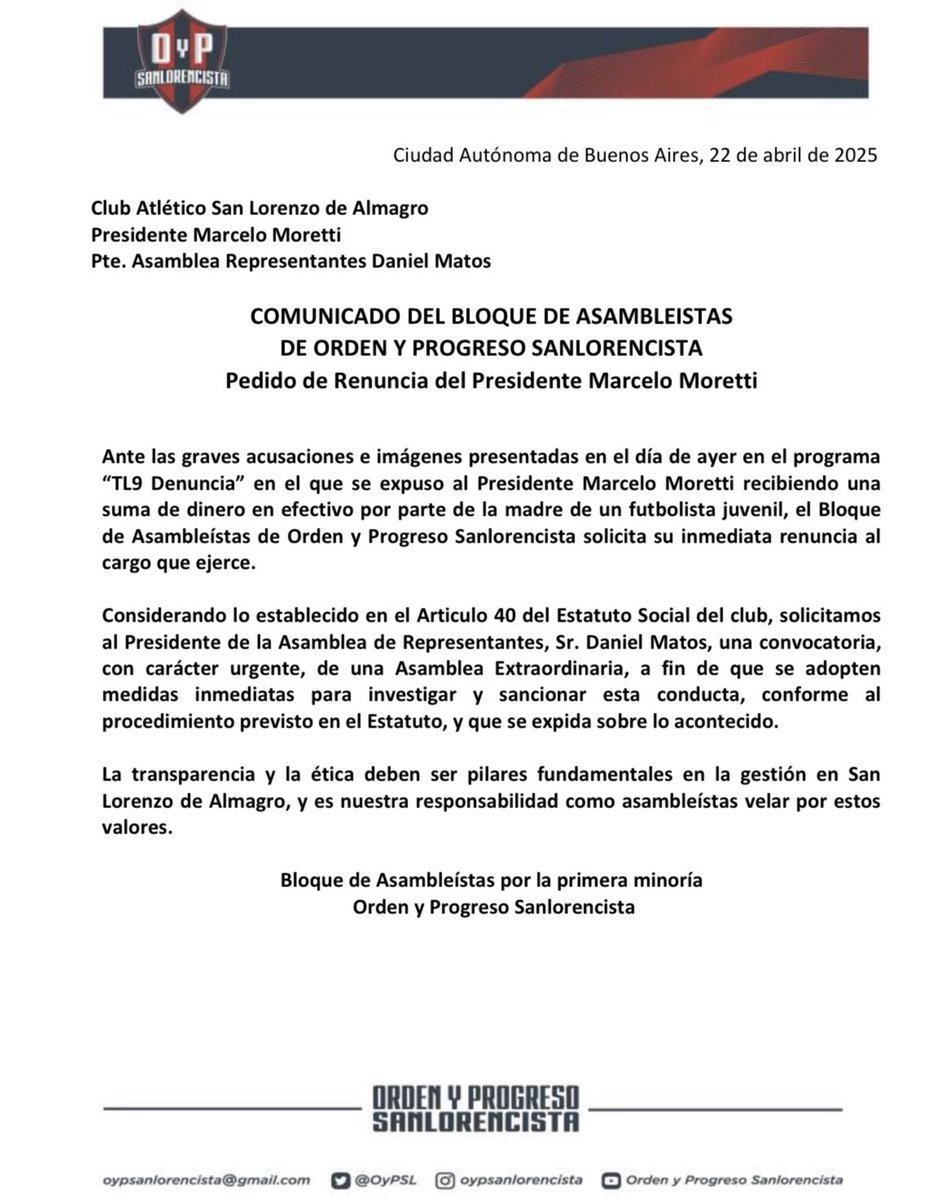 Comunicado del Bloque de Asambleístas de Orden y Progreso Sanlorencista

Pedido de Renuncia del Presidente Marcelo Moretti