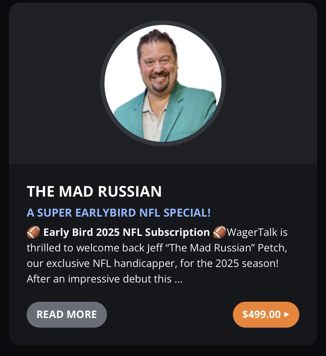 MadRussianNFL's tweet image. Just launched a SUPER EARLYBIRD NFL SPECIAL for just $499.  It includes Full NFL Season through Super Bowl, All-Access Draft Package &amp;amp; NFL Futures (#1 @WagerTalk in NFL Futures w/ 9-2 record.  Also Draft Package for $29.  Honored by all the support! Go to TheMadRussian.com