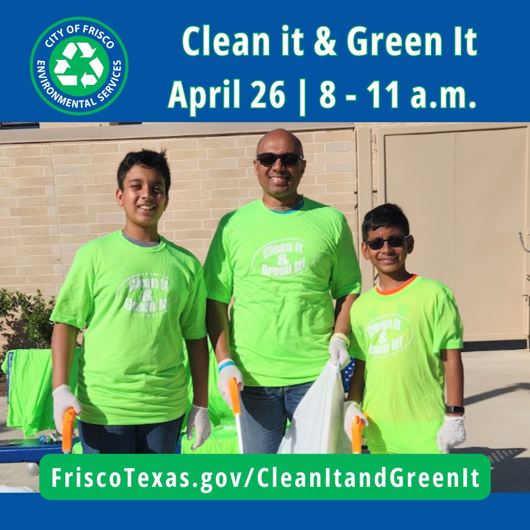 Help #KeepFriscoBeautiful, and celebrate 🌎 Earth Day with your family, friends and neighbors at our citywide community ♻️ cleanup event!
📅 Saturday, April 26 from 8 to 11 a.m.
📍Day-of registration will be available from 8 to 9 a.m. at the Frisco Heritage Center (6455 Page