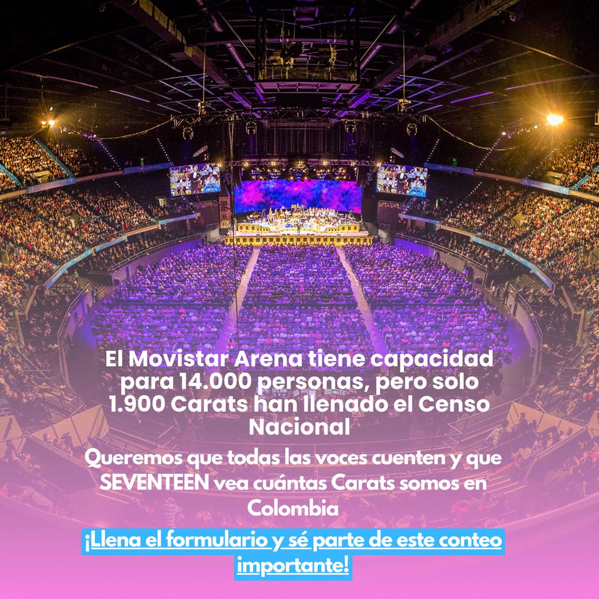 SVTColombia's tweet photo. SABÍAS QUE...

El Movistar Arena tiene capacidad para 14.000 personas, pero sólo 1.900 Carats han llenado el censo nacional 2024-2025?

Llena y comparte el formulario, ayúdanos a demostrar que Colombia 🇨🇴 es tierra de Carats 💎

📝 https://t.co/jjSQOHAhS4 https://t.co/f98GScNAxu