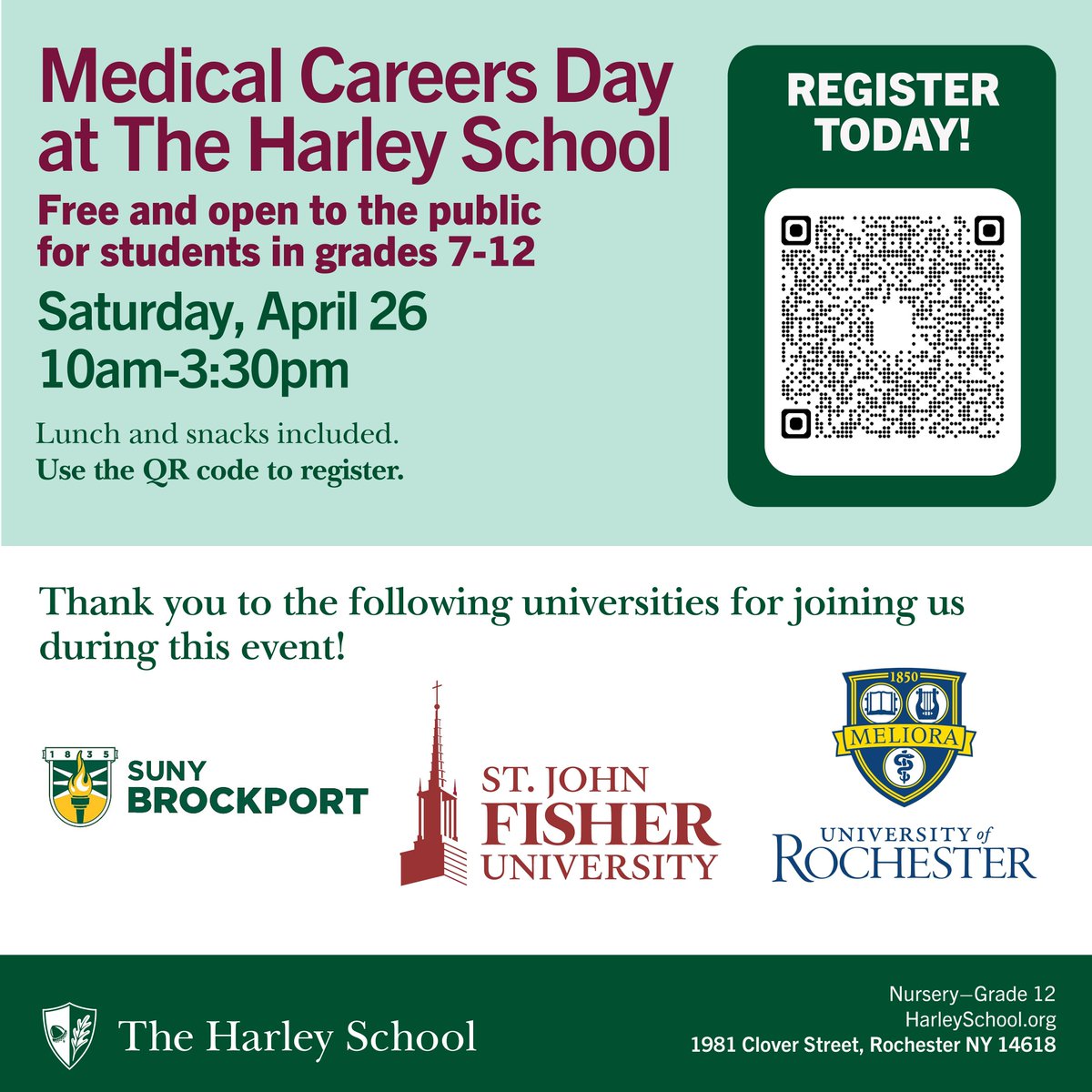 A huge thank you to St. John Fisher University, University of Rochester, and SUNY Brockport for their support of Medical Careers Day, happening Saturday, April 26! 

Discover your future in medicine—register now using the QR code! 

Open to students in grades 7-12.

#ROC