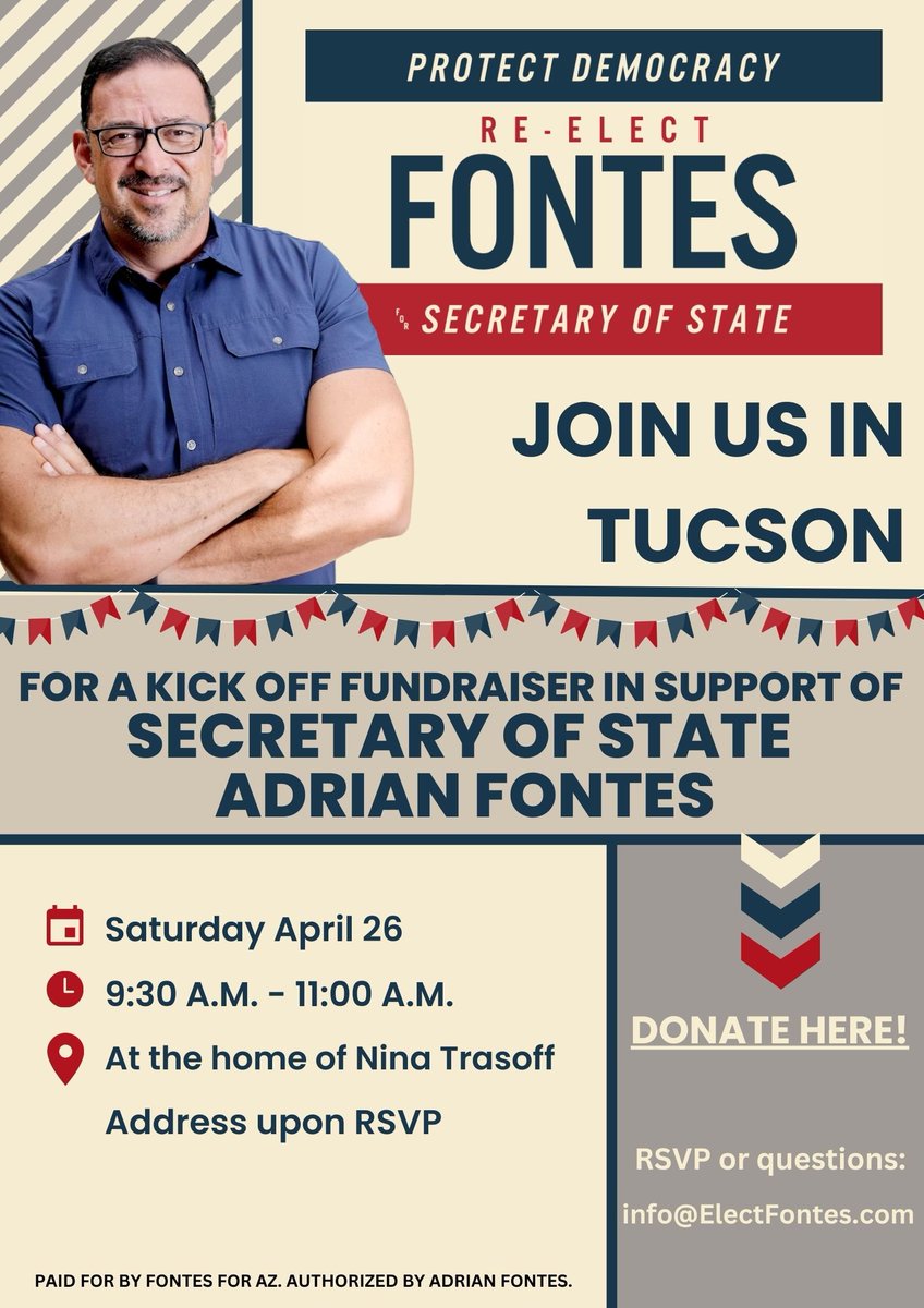 Steven Slugocki (@slugocki) on Twitter photo Tucson friends!
Join us Saturday morning as Secretary of State <a href="/Adrian_Fontes/">Adrian Fontes</a> kicks off his re-election campaign. Hope you can join us for this fun event this weekend and help us fight for AZ’s Democracy!
Sign up below! secure.actblue.com/donate/tucsonl… Tucson friends!
Join us Saturday morning as Secretary of State <a href="/Adrian_Fontes/">Adrian Fontes</a> kicks off his re-election campaign. Hope you can join us for this fun event this weekend and help us fight for AZ’s Democracy!
Sign up below! secure.actblue.com/donate/tucsonl…