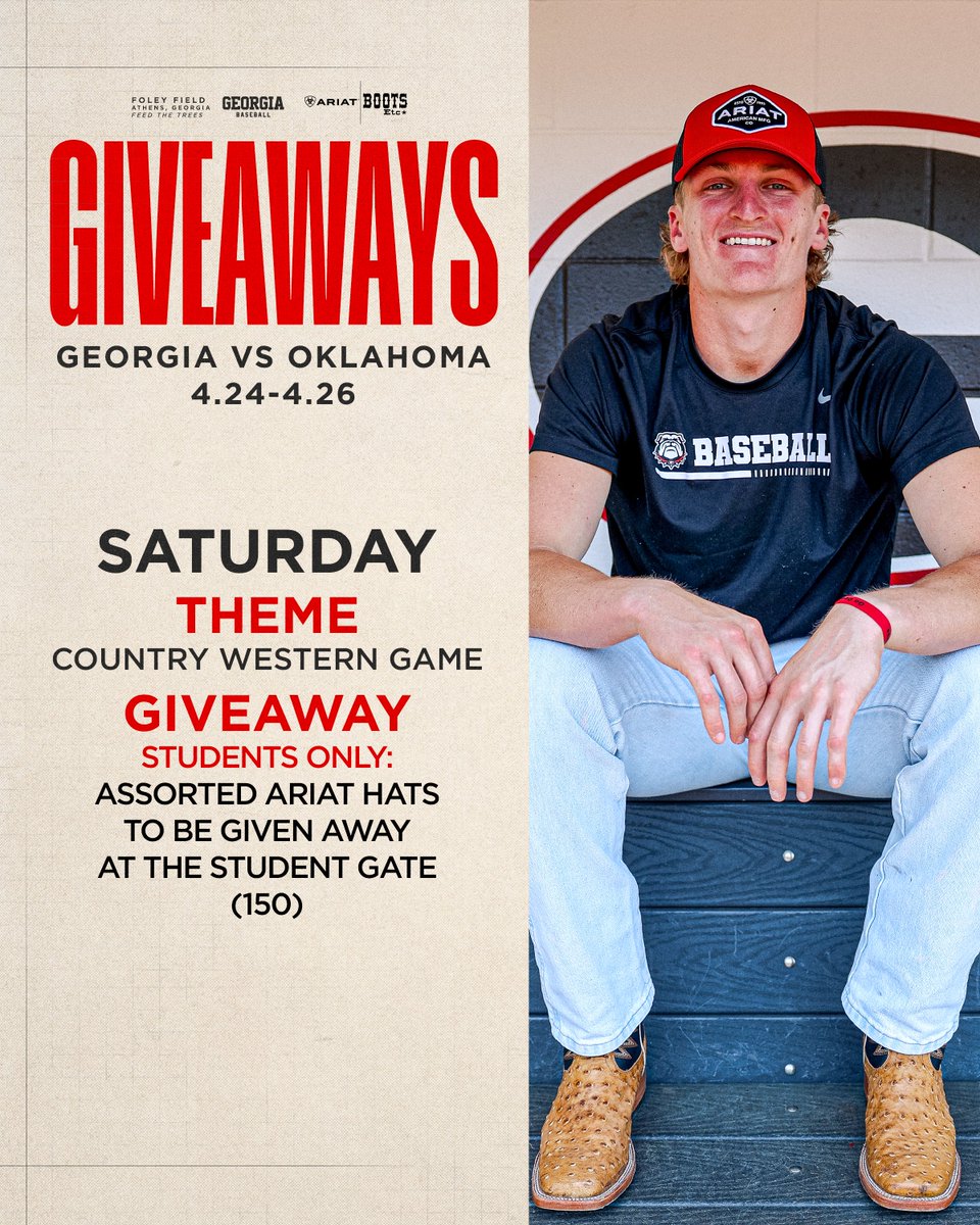 STUDENTS🗣️

Don't miss your chance to get a free Ariat hat at Saturday's game. Head to the student gate and don't be late!

#GoDawgs | <a href="/BootsEtc/">Boots Etc.</a> | <a href="/Ariat/">Ariat International</a>