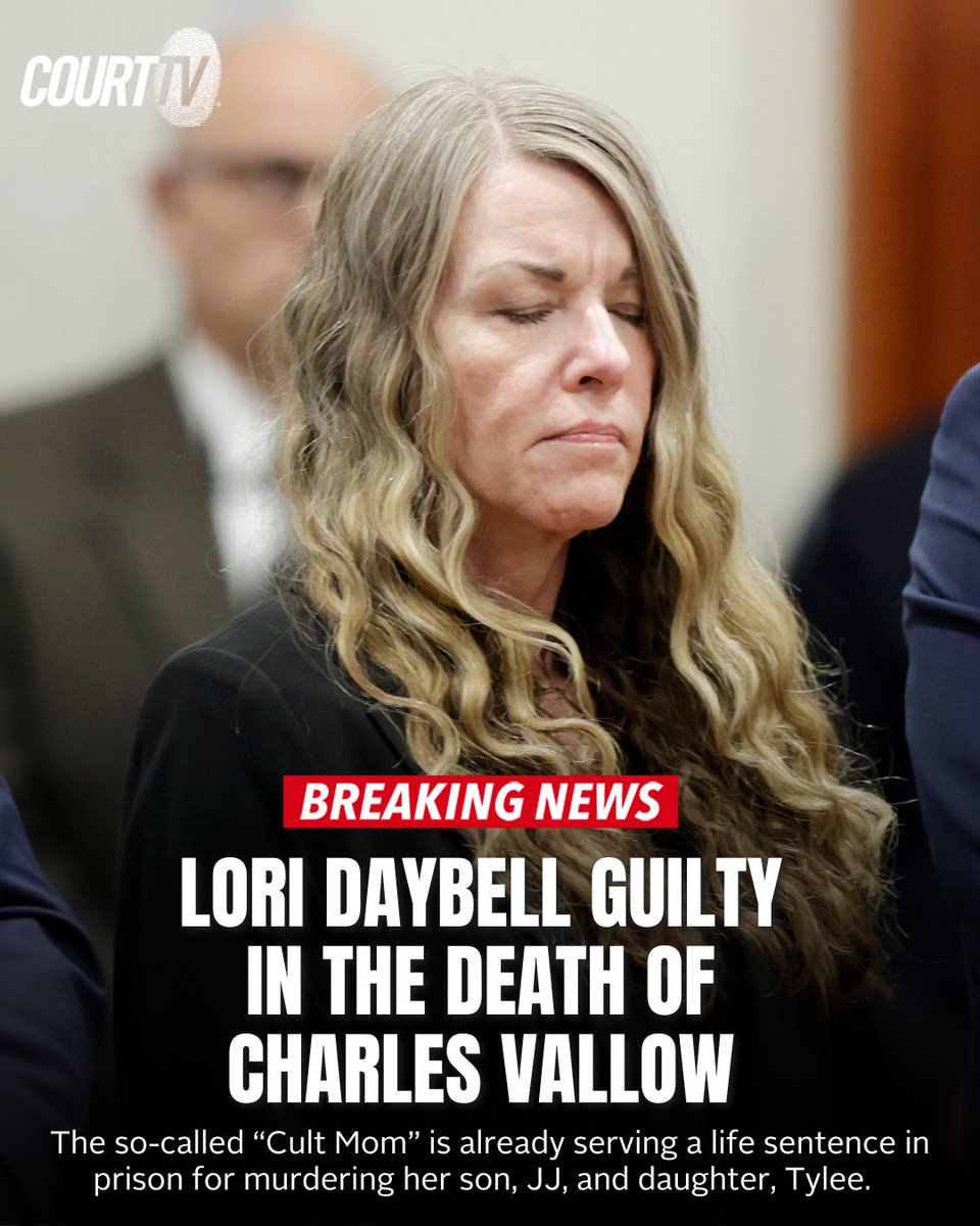 CourtTV's tweet photo. #BREAKING: A jury has found #LoriDaybell GUILTY in the death of her husband, #CharlesVallow.
The 'Doomsday Cult Mom' was previously sentenced to life in prison in Idaho after being convicted of conspiracy and murder for the deaths of her two youngest children, #JJVallow and #TyleeRyan, as well as her husband, #ChadDaybell's, first wife, #TammyDaybell.
#CourtTV - Did the jury get it right?
