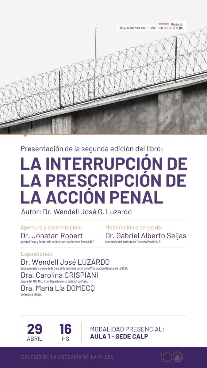 Vamos a estar charlando sobre la interrupción de la presentación de la acción penal en el Colegio de la Abogacía de La Plata.  
Inscripción 👇🏻
eventbrite.com.ar/e/la-interrupc…
