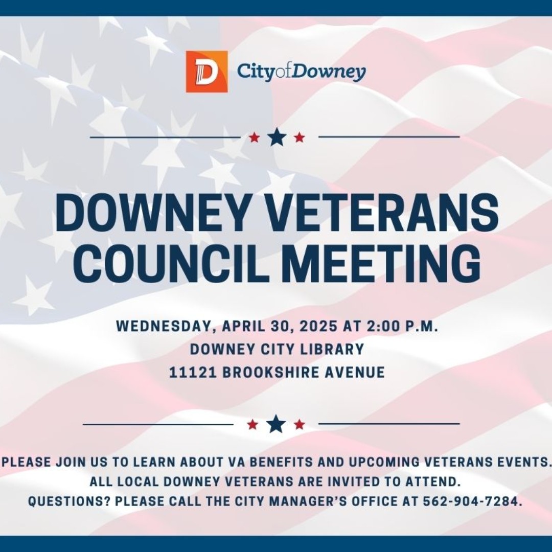 The next Downey Veterans Council meeting will be held on Wednesday, April 30th at 2 PM, in the Downey City Library. 

#CityofDowney #DowneyCA