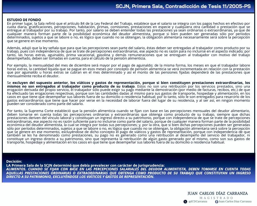 JCDCarranza's tweet photo. MONTO DE UNA PENSIÓN ALIMENTICIA 

👨‍🎓La 1ª Sala de la @SCJN resolvió una contradicción de criterios en la que debía resolver lo siguiente:

¿Se deben tomar en cuenta los ingresos extraordinarios del deudor alimentista para el cálculo de la pensión alimenticia?

👨‍🎓Al respecto la Sala determinó:

✅ Para el cálculo de la pensión alimenticia se deben tomar en cuenta los ingresos salariales ordinarios y extraordinarios del deudor alimentista como pago de su trabajo y que sean un ingreso directo a su patrimonio (es decir, horas extras, aguinaldo, prima vacacional, gasolina, entre otras).

Sin embargo, no se deben incluir los viáticos y gastos de representación pues no son entregados al trabajador como pago por su trabajo.

👉https://t.co/0kOG4yBTVK