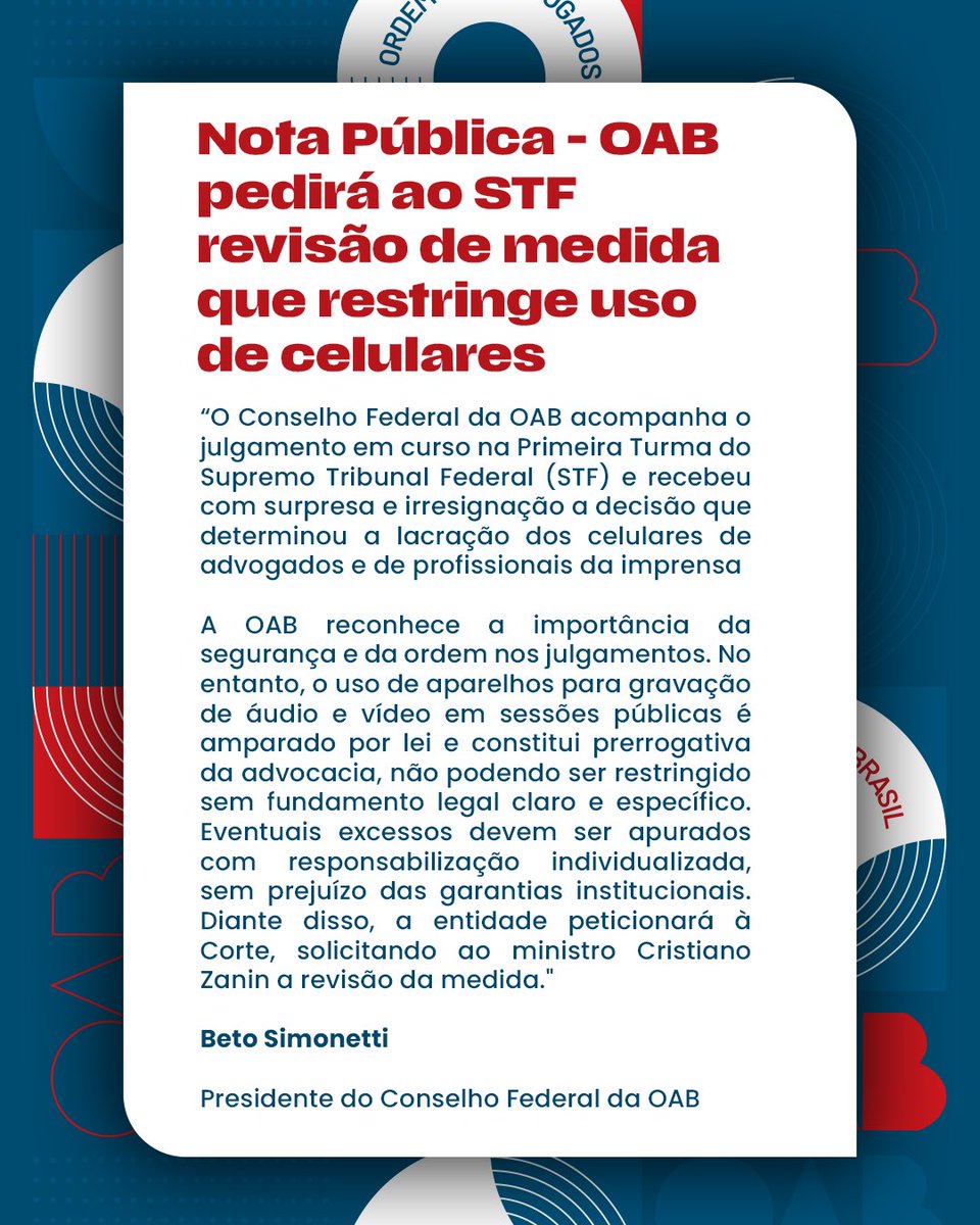 A OAB Nacional recebeu com surpresa a decisão do STF, determinando a lacração dos celulares de advogados e de profissionais da imprensa durante sessões públicas. O uso de aparelhos para gravação de áudio e vídeo nestes casos é amparado por lei, e a Ordem peticionará à corte,
