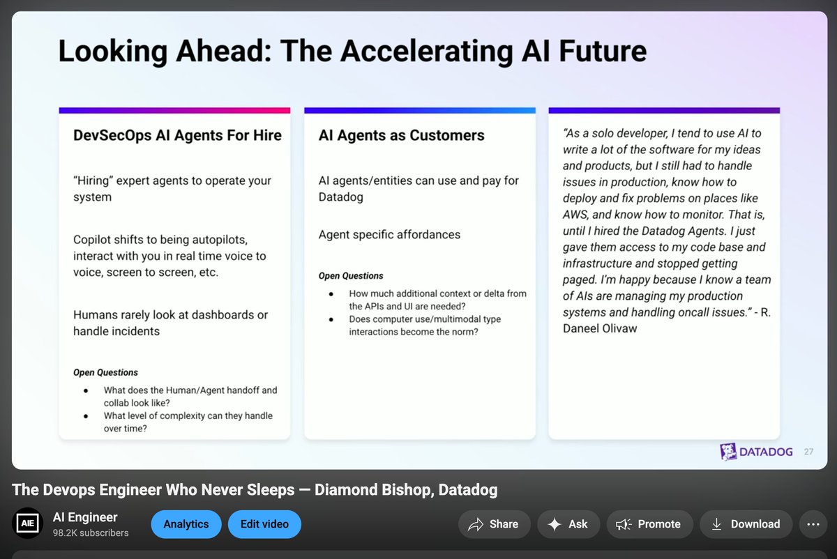 AI Engineer (@aidotengineer) on Twitter photo 🆕 The Devops Engineer Who Never Sleeps - from <a href="/diamondbishop/">Diamond Bishop 🤖</a>!
The ultimate dream of AI + devops: self healing systems that are plugged into both your code and your telemetry
so that by the time you know something is wrong, there's already a PR to fix it!
there is no bigger 🆕 The Devops Engineer Who Never Sleeps - from <a href="/diamondbishop/">Diamond Bishop 🤖</a>!
The ultimate dream of AI + devops: self healing systems that are plugged into both your code and your telemetry
so that by the time you know something is wrong, there's already a PR to fix it!
there is no bigger