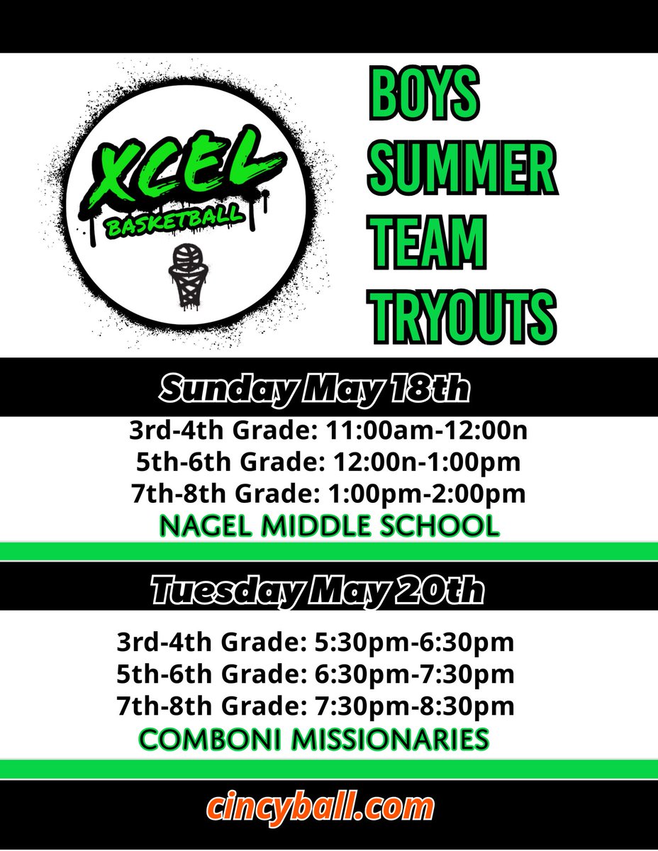 Summer Team Tryouts:

(Current grade)

cincyball.com