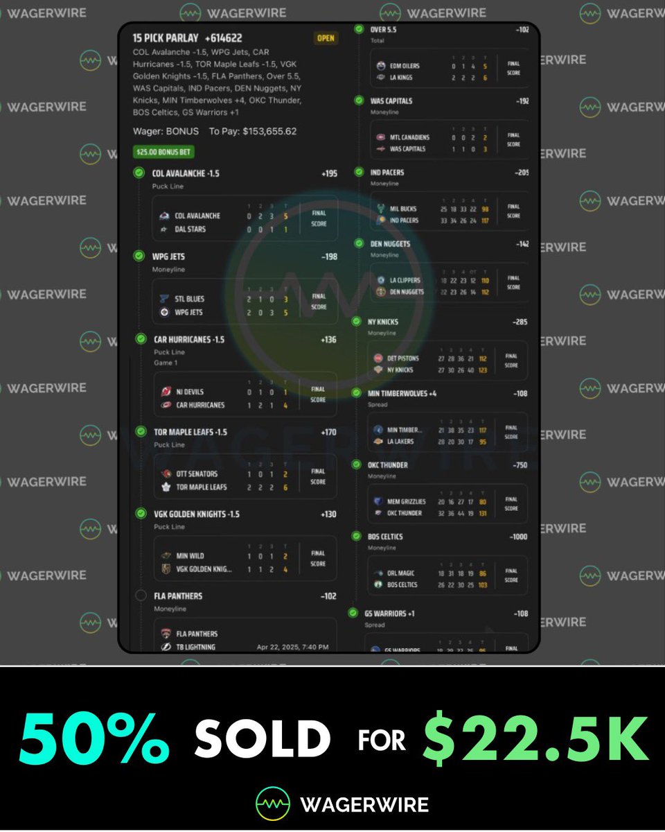 WagerWire's tweet photo. $153K Bet SOLD 🤝💰

50% of this epic 15-leg parlay was just sold for $22,500 — just 1 hour before puck drop! 🏒🥅

And guess who bought in? @thecat123454… AGAIN 😈 Riding the heater and going big!

LET’S GO PANTHERS!! 🐆

Find more exclusive action at: https://t.co/pJGueFvKFi https://t.co/9pmrIUIw7x