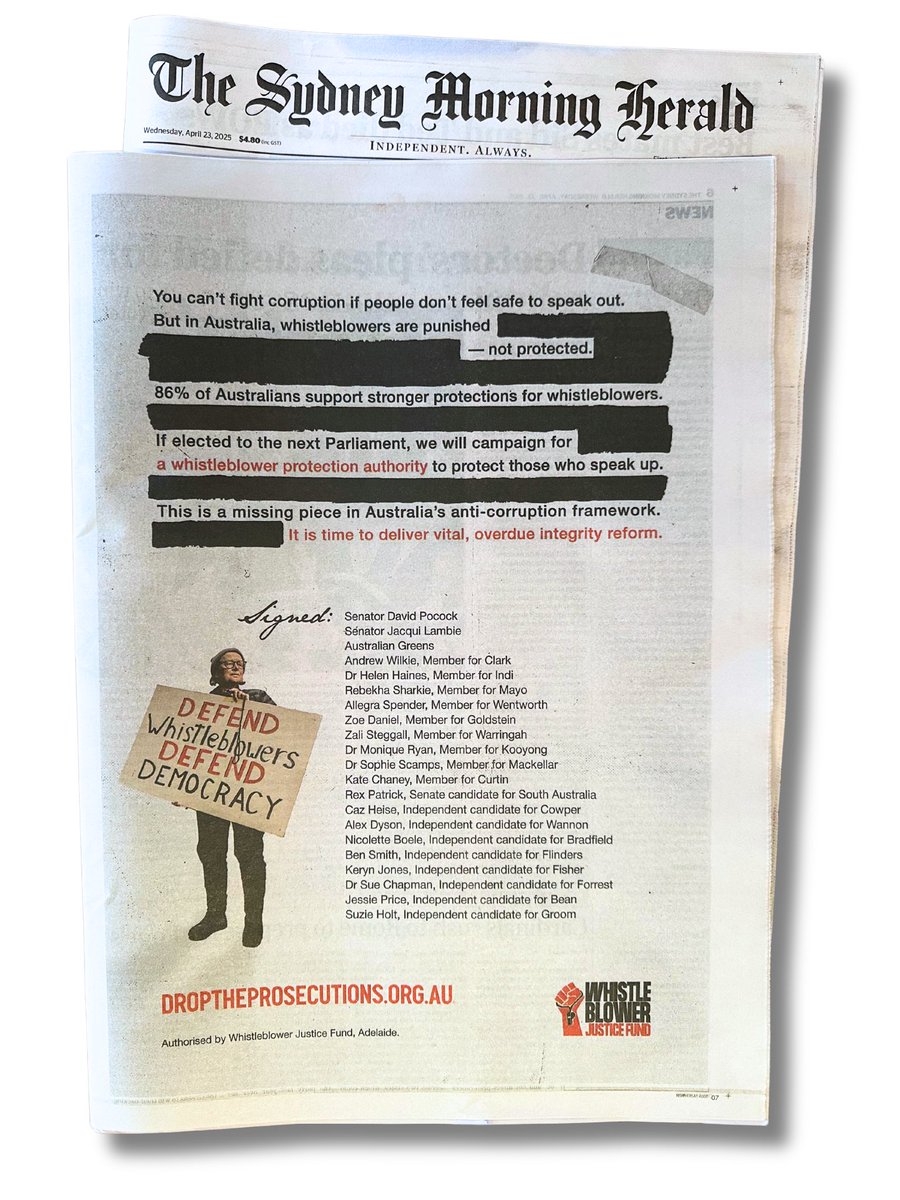 Whistleblowers should be proected, not prosecuted - when they're empowered to call out wrongdoing, our institutions are stronger.

I'm advocating for a Whistleblower Protection Authority to protect those who speak up.