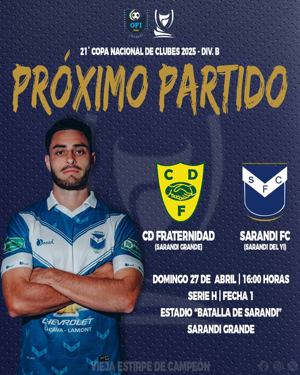 ￼¡Vuelve el SFC! 🔵⚪️
￼
￼El #SarandiFC debuta en la 21ª Copa Nacional de Clubes Campeones 2025, Div. B, por la serie H! 
￼
￼🆚 C.D. Fraternidad (Sdi Grande)
￼🏟️ “Batalla de Sarandí”
📅 27/4/2025
￼⏰ 16:00 hs

#ViejaEstirpeDeCampeón
#CopaDeClubes
#FútbolDelInterior