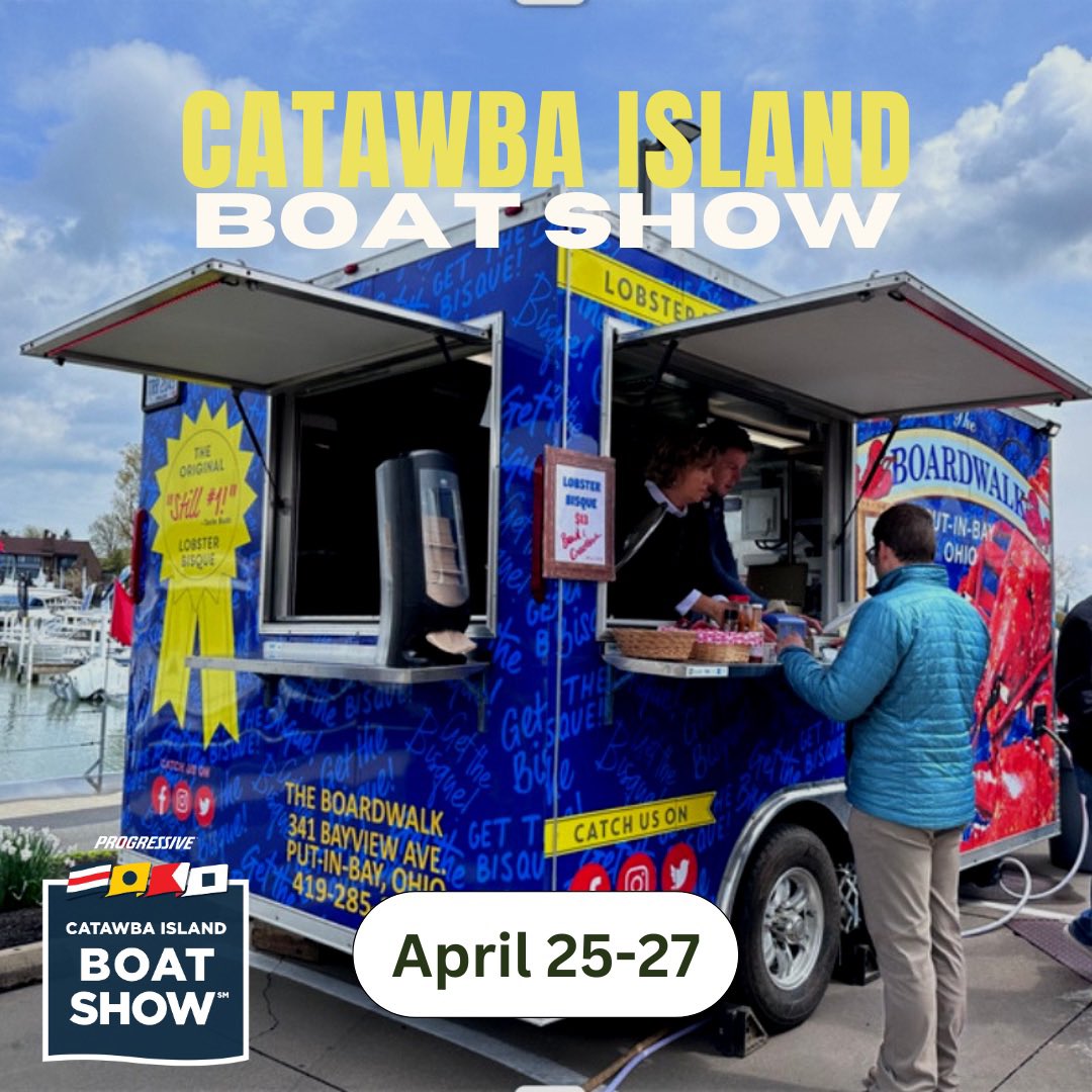 Boardwalkpib's tweet photo. The Boardwalk Lobster Bisque Truck is Back! We’re kicking off the season at the Catawba Island Boat Show April 25-27, and we are serving up our Boardwalk Lobster Bisque &amp; Lobster Rolls too!☀️
#GettheBisque #LobsterBisque  #CatawbaIslandBoatShow  #PutinBay #LakeErie https://t.co/Ap8CrqhRxs