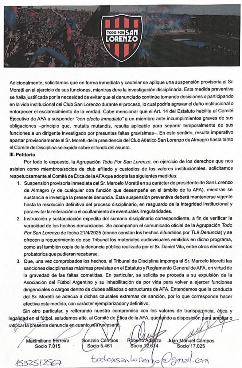 Ante los gravísimos hechos de público conocimiento presentamos una denuncia ante el Tribunal de Ética de AFA solicitando la suspensión inmediata del presidente de San Lorenzo.
La gravedad de los hechos exige una respuesta urgente.