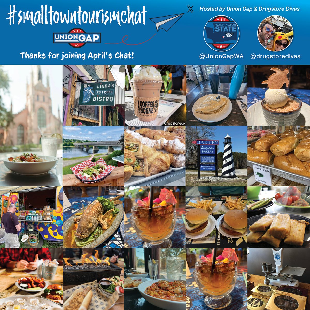 UnionGapWA's tweet photo. Thanks to participants in April's #SmallTownTourismChat w/@drugstoredivas for #FoodieParadise! (@obligatraveler)
Tune in May 21 for #Roadtrips! We had terrific photos of food from around the world & congrats to our @panerabread gift card winners! @jasontravelblog & @LiveaMemory! https://t.co/2S6s0UCCK1