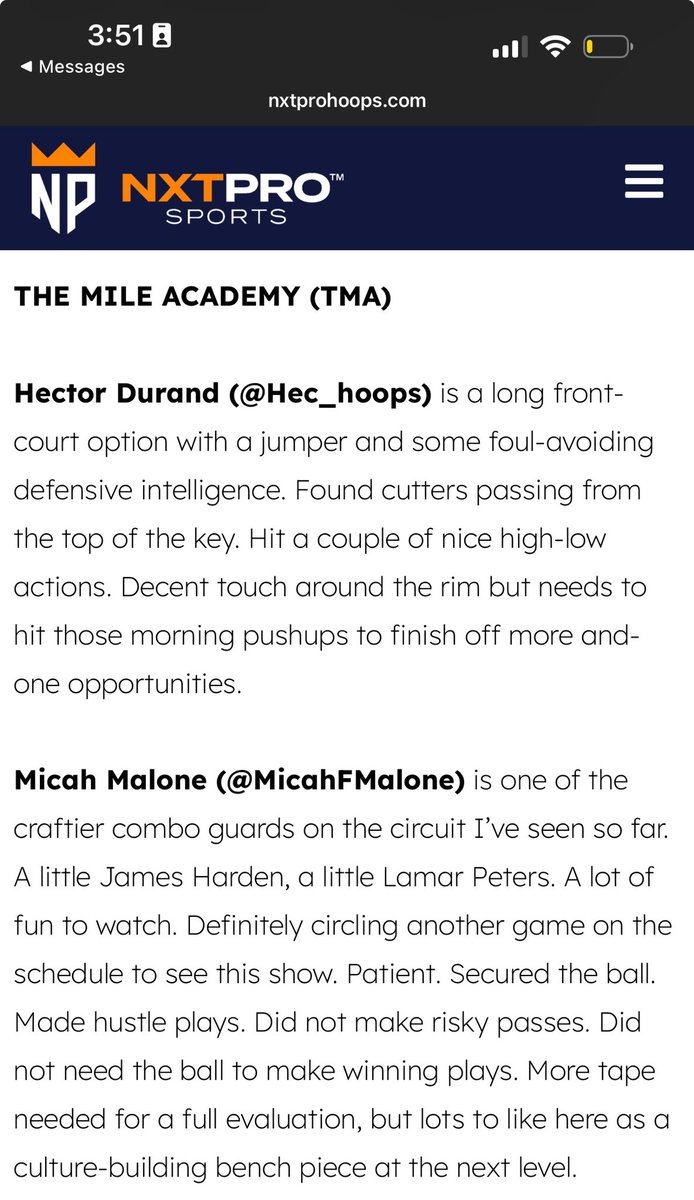 The Mile Academy Basketball (@themileacademy) on Twitter photo These two showed out in Session 2 for our 2027 Turner squad. 6’6 F/CG <a href="/Hec_hoops/">Hector durand</a> moves well for his size and is highly skilled offensively. Major upside.
<a href="/MicahFMalone/">Micah F. Malone</a> is versatile, poised, and willing to do little things. True glue guy who impacts winning beyond the box score These two showed out in Session 2 for our 2027 Turner squad. 6’6 F/CG <a href="/Hec_hoops/">Hector durand</a> moves well for his size and is highly skilled offensively. Major upside.
<a href="/MicahFMalone/">Micah F. Malone</a> is versatile, poised, and willing to do little things. True glue guy who impacts winning beyond the box score