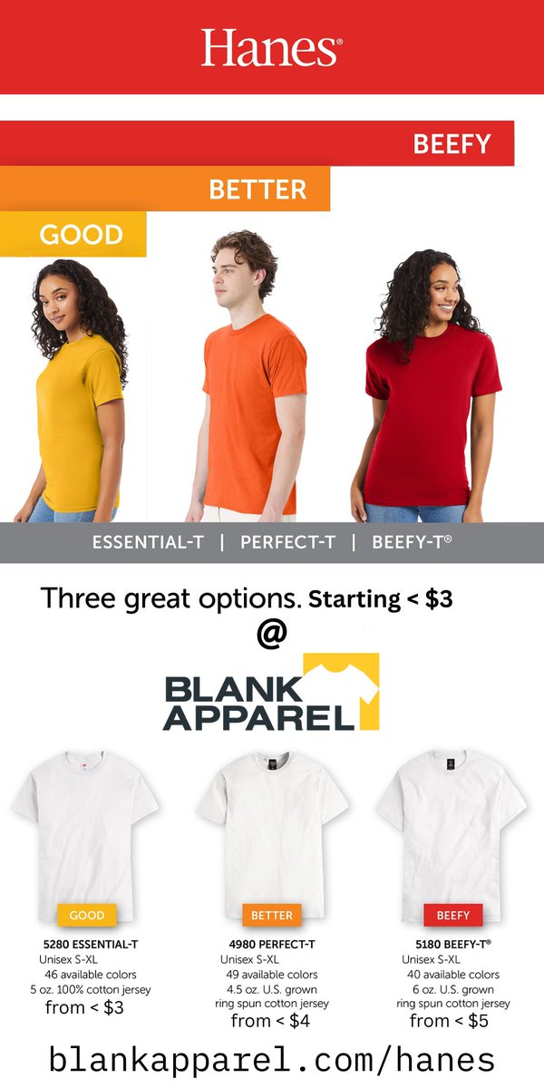 BlankApparelcom's tweet photo. Find Your Perfect Tee with Hanes:  https://t.co/I5ASpRkwFg

-Essential-T – Your go-to classic, starting at under $3!
-Perfect-T – Softer, sleeker, and made to impress.
-Beefy-T – The ultimate heavyweight champion of tees, trusted for decades. https://t.co/aNc7hk8bBn