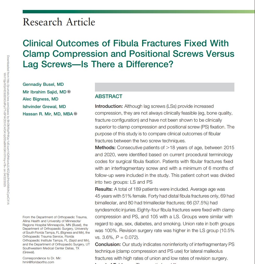 Publication Marathon Month at OTS/FOI 🥳

(#1) Published in <a href="/OfficialJAAOS/">Official JAAOS</a>
Clamp compression with positional screws demonstrated similar clinical outcomes to lag screws when fixing fibular fractures

tinyurl.com/mrc6zvzt