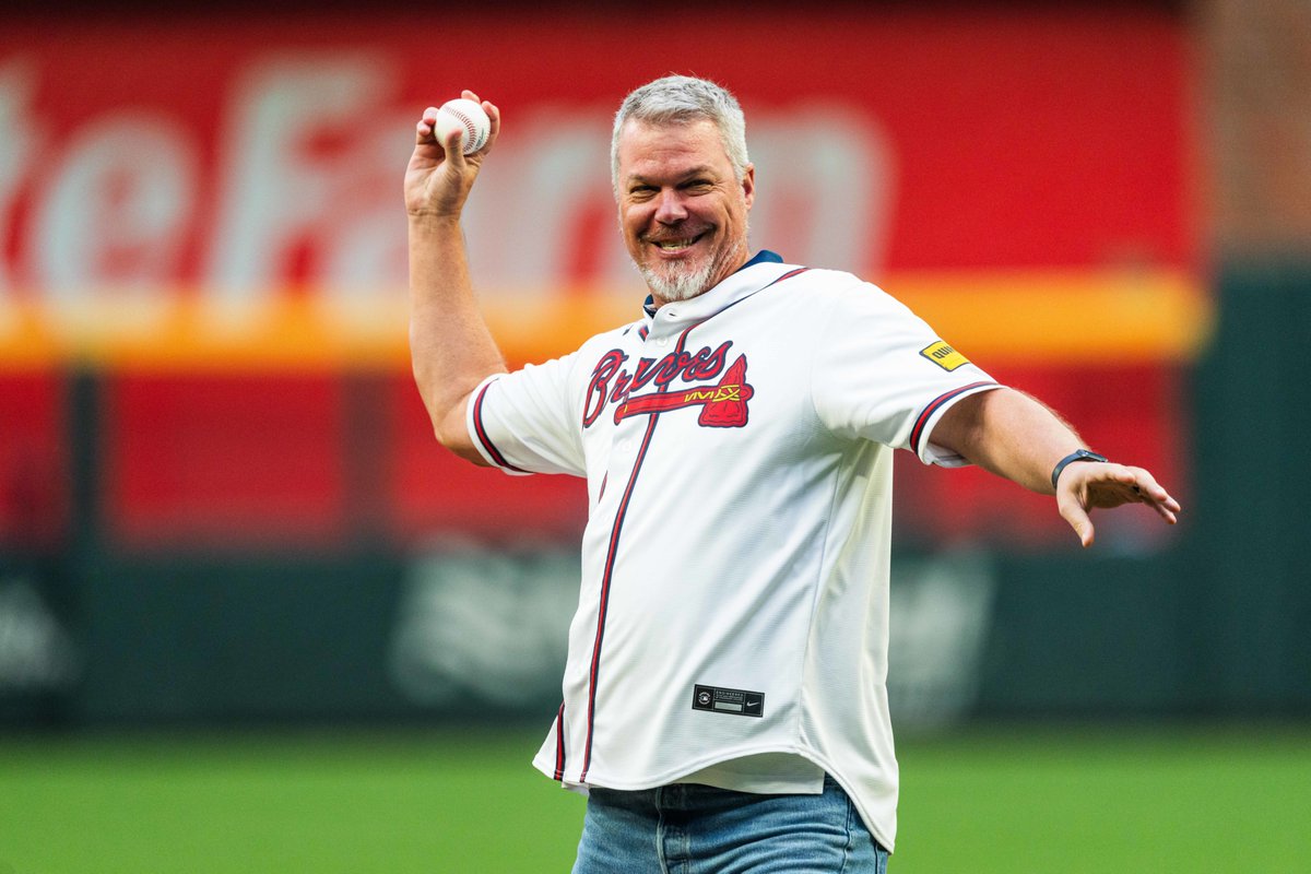 .<a href="/RealCJ10/">Chipper Jones</a> with tonight's first pitch on his bobblehead night!

#BravesCountry