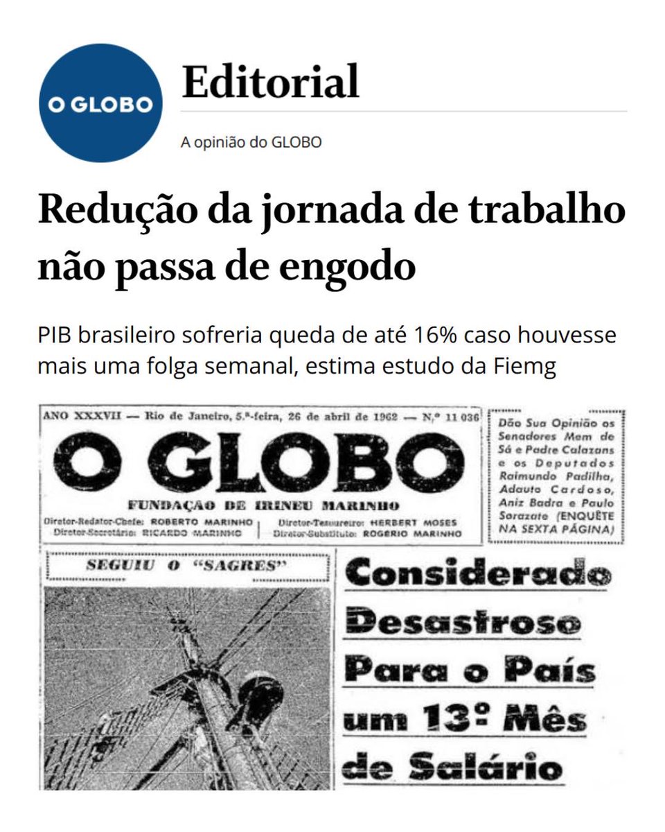 Cês viram esse editorial do <a href="/JornalOGlobo/">Jornal O Globo</a>, dizendo que, se a escala 6x1 acabar, o PIB vai cair 16%?

Então, eles dividiram 100% por 6, o que dá 16%, e "concluem" que, se os trabalhadores tiverem um dia a mais de folga, o PIB cai 16%.

É sério.

Vem entender melhor a palhaçada 👇🏽