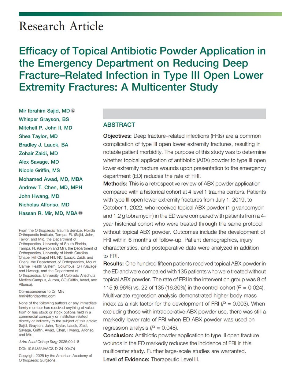 Publication Marathon Month at OTS/FOI 🥳

(#2) Published in <a href="/OfficialJAAOS/">Official JAAOS</a>
Antibiotic powder use in the ED significantly reduces the burden of deep surgical site infection in open Type 3 lower extremity fractures 

tinyurl.com/45s2jcux