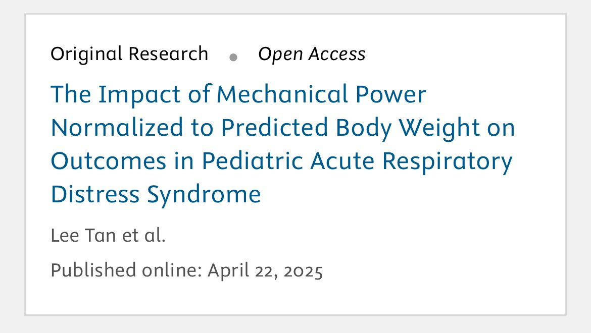 💪 Does mechanical power correlate w outcomes in Peds ARDS? 👦

And, if so, does hypoxemia 🫁 mediate the association? 

H Lee Tan et al present the PACCMAN 🕹️ group’s work looking at these ?s in #journal_CHESTCritCare:

chestcc.org/article/S2949-…