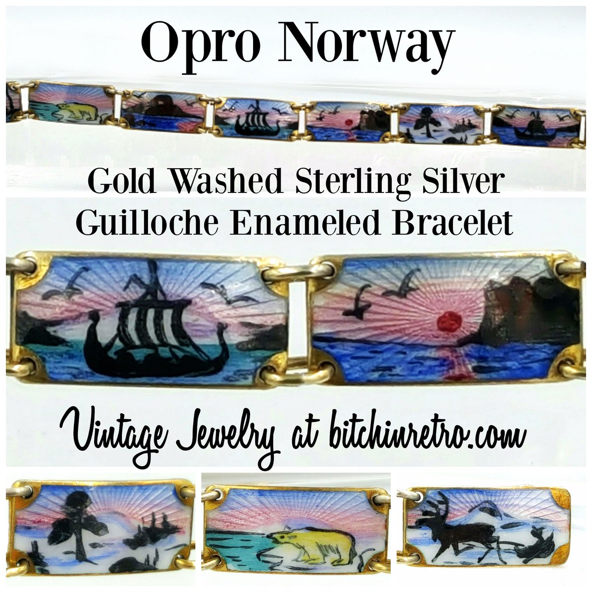 RetroCEO's tweet image. #Opro gold washed sterling silver #bracelet featuring guilloche enamel panels depicting traditional silhouette scenes of the red  or #midnightsun at the northern rock  "nordkapp."  A beautiful piece of #history in pristine condition.

#bitchinretro #gifts

bitchinretro.com/products/opro-…