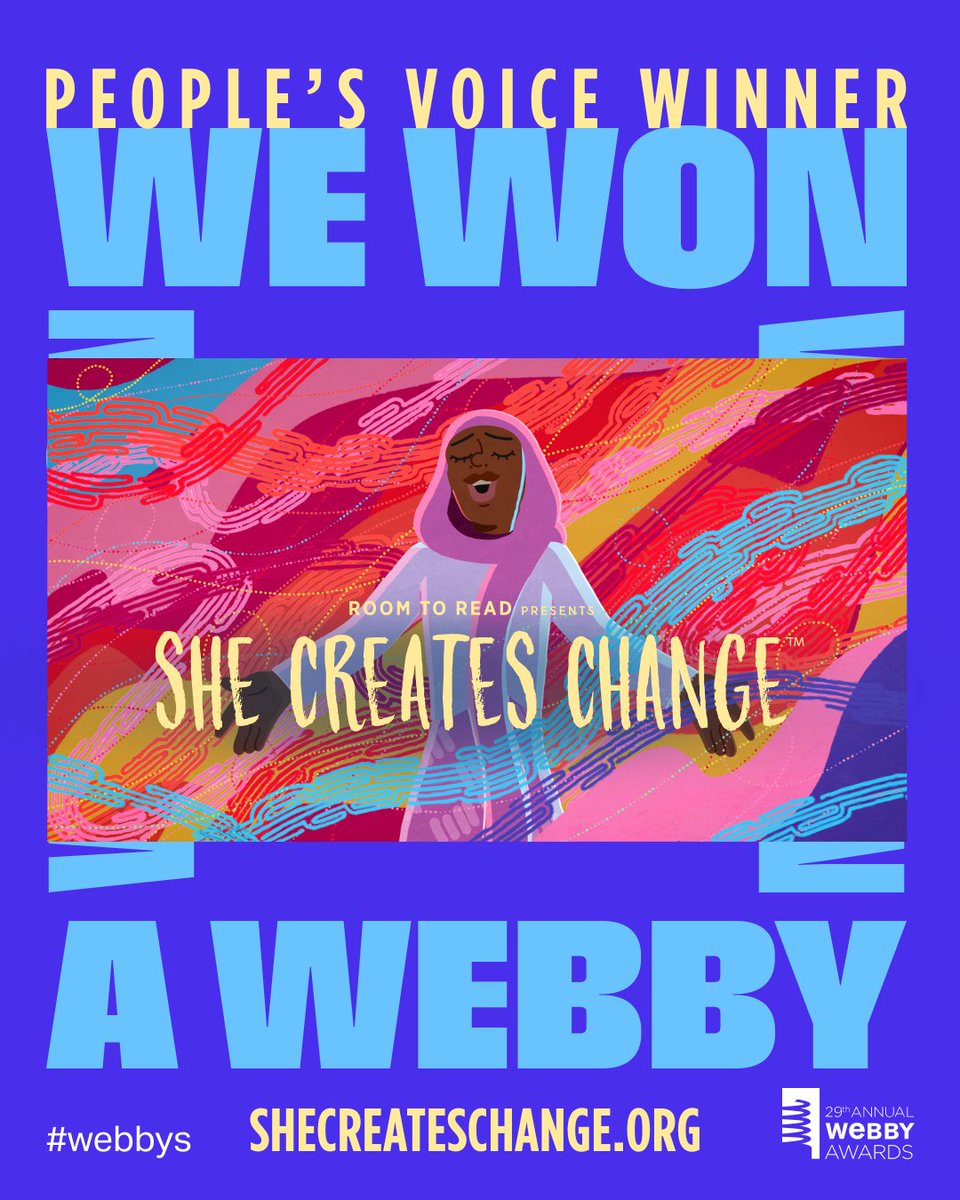 Room to Read (@roomtoread) on Twitter photo You voted #SheCreatesChange best of the internet! 🏆 💫 We're thrilled to share that #SheCreatesChange is officially a #WebbyAward People’s Voice Winner in the category of Video & Film, Public Service & Activism! Join us in celebrating ➡️ okt.to/8mJM9I <a href="/TheWebbyAwards/">The Webby Awards</a> You voted #SheCreatesChange best of the internet! 🏆 💫 We're thrilled to share that #SheCreatesChange is officially a #WebbyAward People’s Voice Winner in the category of Video & Film, Public Service & Activism! Join us in celebrating ➡️ okt.to/8mJM9I <a href="/TheWebbyAwards/">The Webby Awards</a>