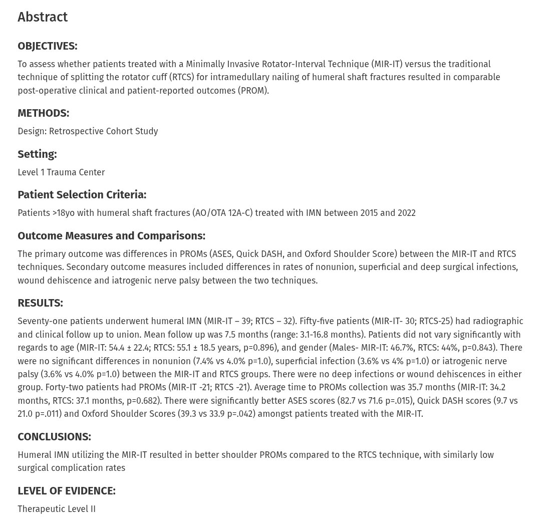Publication Marathon Month at OTS/FOI 🥳

(#3) Published in <a href="/JofOrthoTrauma/">J Orthopaedic Trauma</a> 

Humeral IM nailing using the Minimally-Invasive Rotator Interval (MIR-IT) technique results in improved shoulder PROMS compared to the rotator-cuff splitting technique 

tinyurl.com/nfvrjbav